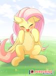  2018 blush digital_media_(artwork) equine eyes_closed feathered_wings feathers female feral fluttershy_(mlp) friendship_is_magic grass hair inner_ear_fluff long_hair mammal my_little_pony outside pegasus peregrine pink_hair solo tongue tongue_out wings 