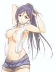  armpits black_panties breasts cleavage collarbone commentary_request cuffed hair_tie ken_(kenta1922) long_hair love_live! love_live!_sunshine!! matsuura_kanan mouth_hold navel panties panty_slip ponytail purple_eyes purple_hair purple_shorts shorts skindentation solo topless towel towel_around_neck tying_hair unbuttoned underwear white_background white_towel 