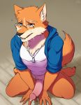  anthro bottomless canine clothed clothing cum cum_drip cum_on_face dripping erection eyewear glasses heterochromia humanoid_penis iriedono kneeling male mammal penis retracted_foreskin solo uncut 