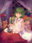  bangs bare_arms bed blanket blown_kiss blue_hair blurry blurry_background buttons clock closed_mouth commentary cup curtains doremy_sweet dress drinking_glass english_commentary eyebrows_visible_through_hair floating flower flower_pot freckles hair_twirling half-closed_eyes hat heart indoors kazami_yuuka looking_at_another looking_to_the_side lying manamanami minigirl multiple_girls night nightcap nightgown on_back on_bed pillow plant pom_pom_(clothes) red_eyes red_hat short_hair short_sleeves sitting sky sleepwear solo_focus star_(sky) starry_sky tail tapir_tail touhou under_covers vines wall_clock window 