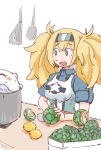  :o alternate_costume apron artichoke_(food) blonde_hair blue_shirt blush_stickers collared_shirt commentary cutting enemy_lifebuoy_(kantai_collection) enjaku_izuku food fruit gambier_bay_(kantai_collection) gloves hair_between_eyes hairband highres kantai_collection knife lemon long_hair multicolored multicolored_clothes multicolored_gloves pot shinkaisei-kan shirt short_sleeves solo spatula star sweat twintails 