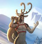  2015 adam_wan anthro antlers casual_nudity cervine harness horn male mammal navel nude outside reindeer sack snow solo tree 
