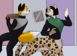  2018 anthro black_hair black_nose bottomless breasts canine chakat chakona_space clothed clothing duo fake_horn female forestwalker fox foxenawolf fur hair magic male mammal pink_nose taur uniform yellow_fur 