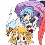  2girls blonde_hair blue_dress blue_eyes blue_hair blush blush_stickers eyebrows_visible_through_hair female hair_ornament hair_ribbon have_to_pee heterochromia holding japanese_text jirene multiple_girls red_eyes red_ribbon ribbon rumia short_hair simple_background sleeveless_dress tatara_kogasa tongue tongue_out touhou translation_request umbrella white_background 