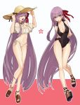  arms_behind_back bare_legs bare_shoulders bb_(fate)_(all) bb_(fate/extra_ccc) bikini black_swimsuit bow breasts choker cleavage clog_sandals closed_eyes collarbone commentary_request dual_persona eyebrows_visible_through_hair fate/extra fate/extra_ccc fate_(series) feet hair_bow hat highres hino_hinako large_breasts lavender_eyes lavender_hair legs long_hair matou_sakura multiple_girls one-piece_swimsuit open_mouth ribbon ribbon_choker sandals side-tie_bikini simple_background smile sun_hat swimsuit very_long_hair white_bikini 