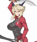  archer archer_(cosplay) arm_up artoria_pendragon_(all) artoria_pendragon_(lancer_alter) blonde_hair breasts commentary commentary_typo cosplay dual_wielding fate/grand_order fate_(series) hair_between_eyes holding horns kanshou_&amp;_bakuya large_breasts looking_at_viewer quentin_lecuiller simple_background solo sword weapon white_background yellow_eyes 