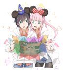  1girl :d :o animal_ears bangs black_hair black_legwear blue_eyes blue_hat blue_shorts bow bowtie bracelet collared_shirt commentary_request cosplay couple darling_in_the_franxx denim denim_shorts disneyland fake_animal_ears fang green_eyes hair_ornament hairband hat hetero high_ponytail highres hiro_(darling_in_the_franxx) holding holding_map jacket jewelry leje39 long_hair map mickey_mouse mickey_mouse_(cosplay) mickey_mouse_ears minnie_mouse_ears open_clothes open_jacket open_mouth pantyhose pink_hair polka_dot polka_dot_bow ponytail rat_ears reading red_shirt shirt shorts sleeves_rolled_up smile striped striped_shirt white_jacket wing_collar wizard_hat zero_two_(darling_in_the_franxx) 
