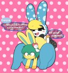  &lt;3 aintsmart animal_crossing anthro ass_up blonde_hair blue_fur blush bottomless clothed clothing dialogue dotted_background female francine_(animal_crossing) fur green_hair hair hair_ornament humiliation lagomorph male male/female mammal nintendo nude open_mouth pattern_background paws rabbit restrained simple_background sitting small_penis_humiliation text toby_(animal_crossing) video_games yellow_fur 
