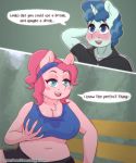  2018 animated anthro blue_eyes blue_hair blush blush_sticker breasts clothing dialogue duo earth_pony english_text equine female friendship_is_magic hair hand_behind_head holding_breast horn horse mammal my_little_pony nipple_bulge omegaozone open_mouth outside party_favor_(mlp) pink_hair pinkie_pie_(mlp) pony speech_bubble text unicorn url 