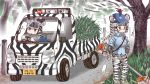  adapted_costume animal_ears animal_print black_gloves black_hair blue_shirt breast_poke brown_eyes collared_shirt commentary driving eighth_note extra_ears gloves goggles grevy's_zebra_(kemono_friends) grey_shirt ground_vehicle hat kemono_friends lawnmower license_plate long_hair long_sleeves motor_vehicle multicolored_hair multiple_girls musical_note necktie outdoors plains_zebra_(kemono_friends) poking shirt short_over_long_sleeves short_sleeves steering_wheel suzuki_carry tail tanaka_kusao tree truck two-tone_hair weeds white_hair zebra_ears zebra_girl zebra_print zebra_tail 