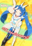  anniversary arm_up bangs bare_arms bare_shoulders blue_eyes blue_hair blue_neckwear bow character_name collarbone commentary_request eyebrows_visible_through_hair foreshortening from_above grin hair_bow hair_tie hairband halftone halftone_background highres index_finger_raised kneehighs leg_up long_hair looking_at_viewer midriff miniskirt navel neckerchief nipa-ko one_eye_closed outstretched_arm oversized_object pleated_skirt pliers pointing pointing_at_viewer school_uniform serafuku shiny shiny_hair shiny_skin shoes sidelocks skirt sleeveless smile solo sparkle straddling twintails ultimate_nipper white_bow white_footwear white_hairband white_legwear white_skirt wristband yellow_background yuto_(dialique) zoom_layer 
