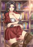  arms_under_breasts black_hair book bookshelf boots breast_hold breasts brown_footwear cattleya_baudelaire chair cleavage collarbone commentary crossed_arms dress earrings giovanni_zaccaria jewelry large_breasts long_hair looking_at_viewer necklace purple_eyes red_dress red_lips sitting smile solo thigh_boots thighhighs violet_evergarden 