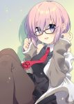  eyebrows_visible_through_hair eyes_visible_through_hair fate/grand_order fate_(series) glasses highres hood hoodie looking_at_viewer mash_kyrielight necktie open_mouth pantyhose pink_hair purple_eyes red_neckwear smile solo toko_yoshi 