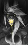  2018 anthro breasts canine clothed clothing detailed_background digital_media_(artwork) ear_piercing female grey_hair hair jackal looking_at_viewer mammal mindmachine open_mouth piercing solo teeth tongue yellow_eyes yellow_tongue 