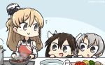  :d apron black_eyes black_gloves brown_hair chibi commentary_request cooking dated drooling food gloves grey_eyes hamu_koutarou hat highres kantai_collection long_hair mini_hat multiple_girls nowaki_(kantai_collection) open_mouth purple_eyes red_apron short_hair silver_hair single_glove smile tilted_headwear tone_(kantai_collection) v-shaped_eyebrows white_gloves white_hat zara_(kantai_collection) 