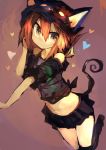  :3 absurdres animal_ears bangs bare_shoulders black_shirt black_skirt brown_background brown_eyes brown_hair cat_ears cat_tail commentary_request fake_animal_ears folded_ponytail hair_between_eyes hat heart highres inazuma_(kantai_collection) kaamin_(mariarose753) kantai_collection looking_at_viewer midriff navel off_shoulder over-kneehighs pleated_skirt shirt skirt smile solo tail thighhighs tied_shirt 