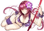  bangs bare_shoulders bikini breasts cleavage collarbone commentary fate/grand_order fate_(series) flower gae_bolg hair_between_eyes hair_flower hair_ornament hand_on_hip hips large_breasts leg_garter long_hair looking_at_viewer lying nail_polish okitakung on_side parted_lips pink_lips polearm purple_bikini purple_hair purple_nails red_eyes scathach_(fate)_(all) scathach_(swimsuit_assassin)_(fate) side-tie_bikini simple_background smile solo swimsuit thighs weapon wet white_background wrist_cuffs 