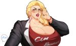  1girl blonde_hair breasts cum cum_in_mouth donaught facial glasses huge_breasts nail_polish 