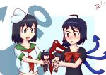  ahoge anchor asymmetrical_wings black_hair blush character_doll de_devil hat highres holding_stuffed_toy holding_toy houjuu_nue multiple_girls murasa_minamitsu sailor_collar sailor_hat short_hair short_sleeves signature stuffed_toy touhou white_background wings 