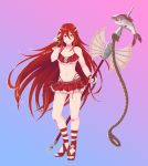  1girl bare_shoulders bikini breasts cleavage dutch_angle eyebrows_visible_through_hair feathers fingerless_gloves fire_emblem fire_emblem:_kakusei fire_emblem_heroes fish frilled_bikini frills gloves hair_between_eyes hair_feathers heels loliedge long_hair midriff navel polearm red_hair small_breasts solo spear swimsuit tiamo twitter_username upper_body very_long_hair water weapon winged_hair_ornament 
