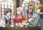  3boys absurdres ahoge apple banana bangs black_hair blonde_hair blue_eyes blush bread brown_hair closed_eyes commentary cup darling_in_the_franxx drinking_glass english_commentary food fruit fruit_bowl glasses gold_trim gorou_(darling_in_the_franxx) grapes green_eyes hair_ornament hairband highres hiro_(darling_in_the_franxx) holding holding_cup holding_food holding_spoon honey horns lipstick long_hair long_sleeves makeup military military_uniform multiple_boys necktie oni_horns open_mouth orange_neckwear pear pink_hair plate red_horns red_neckwear saucer sharing_food signature spoon sugar_bowl table teacup teapot teeth tongue tongue_out turn_pale uniform white_hairband wightricealex zero_two_(darling_in_the_franxx) zorome_(darling_in_the_franxx) 