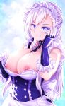  apron azur_lane bangs bare_shoulders belfast_(azur_lane) blue_sky blush braid breasts breasts_outside buttons chain cleavage cloud collar collarbone commentary_request corset day dress_pull elbow_gloves french_braid frilled_apron frilled_gloves frills gauntlets gloves hair_between_eyes hand_on_own_cheek large_breasts long_hair looking_at_viewer maid maid_apron maid_headdress makumaxu nipples sash silver_hair sky smile solo swept_bangs white_apron white_gloves 