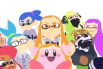  5girls :d ?? aqua_hair bandana bandana_over_mouth baseball_cap beanie blue_eyes blue_hair blush_stickers closed_eyes copy_ability courtesycalling crossed_arms dark_skin domino_mask fangs glasses green_hair grey_eyes hat headgear inkling kirby kirby_(series) looking_at_viewer mask multiple_boys multiple_girls no_outlines octarian octoling open_mouth orange_hair parody pink_hair pointy_ears smile splatoon_(series) splatoon_2 splatoon_2:_octo_expansion squidbeak_splatoon style_parody super_smash_bros. super_smash_bros._ultimate tentacle_hair v-shaped_eyebrows yellow_eyes 