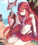  1girl bare_shoulders bikini breasts cleavage collarbone dutch_angle eyebrows_visible_through_hair feathers fingerless_gloves fire_emblem fire_emblem:_kakusei fire_emblem_heroes fish frilled_bikini frills gloves hair_between_eyes hair_feathers lazymimium long_hair midriff navel open_mouth polearm red_hair shell small_breasts smile solo spear swimsuit tiamo tree twitter_username upper_body water weapon wink 