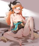  ass bangs bare_shoulders barefoot blue_eyes blush bottomless breasts breasts_outside brown_dress closed_mouth collarbone commentary dress dress_pull granblue_fantasy hairband leaning_back legs lighting long_hair looking_at_viewer monchan_rev3 nipples no_panties orange_hair parted_bangs pussy sara_(granblue_fantasy) sash sitting small_breasts smile solo spread_legs thighs wavy_hair 