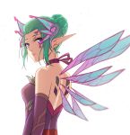  1girl alternate_costume aqua_hair bare_shoulders breasts choker dress elbow_gloves fairy fairy_wings from_behind gloves hair_bun hair_ornament highres looking_at_viewer looking_back looking_to_the_side mechanical_wings medium_breasts mercy_(overwatch) overwatch purple_dress purple_eyes purple_gloves purple_ribbon qingchen_(694757286) ribbon ribbon_choker short_hair simple_background sleeveless sleeveless_dress solo sparkle sugar_plum_fairy_mercy upper_body white_background wings 