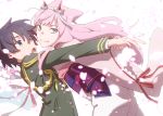  1girl agemaki_kei agemaki_kei_(cosplay) bangs black_hair blue_eyes commentary_request cosplay couple crossover darling_in_the_franxx double_horizontal_stripe gold_trim green_eyes hair_ornament hetero highres hiro_(darling_in_the_franxx) holding_hands horns japanese_clothes kimono leje39 long_hair long_sleeves looking_at_another looking_at_viewer military military_uniform obi oni_horns open_mouth otome_youkai_zakuro petals pink_hair pink_kimono red_horns sash sweatdrop teeth tied_hair uniform zakuro_(otome_youkai_zakuro) zakuro_(otome_youkai_zakuro)_(cosplay) zero_two_(darling_in_the_franxx) 