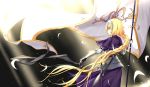 armor armored_dress banner blonde_hair blue_eyes braid dress fate/apocrypha fate_(series) floating_hair from_behind gauntlets highres holding holding_weapon jeanne_d'arc_(fate) jeanne_d'arc_(fate)_(all) long_hair ponytail purple_dress shenhai_(2556146833) single_braid solo standing very_long_hair weapon 