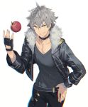  apple asymmetrical_gloves belt black_gloves chromatic_aberration collar collarbone ddal ensemble_stars! fang fingerless_gloves food fruit gloves grey_hair grin hand_on_hip highres jacket jewelry looking_at_viewer male_focus oogami_koga silver_hair simple_background smile solo studded_bracelet studded_collar undead_(ensemble_stars!) white_background yellow_eyes 