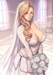  azur_lane bangs blonde_hair blue_eyes bouquet breasts bridal_veil cleavage collarbone dress earrings flower hair_over_shoulder highres holding holding_bouquet hood_(azur_lane) impossible_clothes jewelry lace_sleeves large_breasts lips long_hair necklace oda_non pearl_necklace pillar see-through smile solo swept_bangs tiara veil wedding_dress white_dress window 