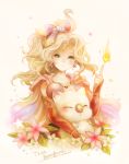  bare_shoulders blonde_hair blue_eyes bridal_gauntlets cape character_name closed_mouth collarbone earrings final_fantasy final_fantasy_vi fire flower hair_ornament index_finger_raised jewelry leaf long_hair mog moogle pink_cape pink_flower ponytail smile star sui_(petit_comet) tina_branford wavy_hair white_flower 