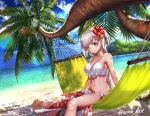 alternate_costume alternate_hairstyle aono_meri armpits azur_lane bangs bare_shoulders bikini blue_eyes blue_sky blush breasts cleavage closed_mouth cloud coconut_tree collarbone commentary_request day eyebrows_visible_through_hair floral_print flower groin hair_flower hair_ornament hammock japanese_clothes large_breasts long_hair looking_at_viewer mole mole_under_eye navel ocean one_side_up outdoors palm_tree sand sarong shade shoukaku_(azur_lane) sidelocks silver_hair sitting sky smile solo stomach sunlight swimsuit tree twitter_username water 