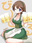  ;) alcohol alternate_costume barmaid beer beer_mug breasts brown_hair cleavage cross-laced_clothes dirndl dress flipped_hair german_clothes gold_trim green_dress green_hairband grey_background hairband hiei_(kantai_collection) kanoe_soushi kantai_collection medium_breasts one_eye_closed short_hair simple_background sitting smile solo twitter_username waitress wariza 