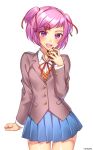  :d artist_name blue_skirt blush cowboy_shot cupcake doki_doki_literature_club fang food hair_ornament hair_ribbon hairclip hand_up highres holding holding_food kio_rojine looking_at_viewer natsuki_(doki_doki_literature_club) open_mouth pink_eyes pink_hair pleated_skirt red_ribbon ribbon school_uniform short_hair simple_background skirt smile solo teeth two_side_up white_background 