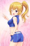  ;d absurdres alternative_girls ass bangs bare_shoulders belt blonde_hair blue_jacket blue_shorts blush crop_top hair_between_eyes hand_on_hip high_ponytail highres jacket long_hair looking_at_viewer midriff mizushima_airi official_art one_eye_closed open_mouth pink_background purple_eyes race_queen shorts side_ponytail simple_background smile standing v 