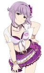  :3 belt beltskirt bow bra bracelet breasts brown_eyes chain choker cleavage collarbone commentary_request front-tie_top hair_ornament hairclip hand_on_hip head_tilt heart idolmaster idolmaster_cinderella_girls idolmaster_cinderella_girls_starlight_stage jewelry koshimizu_sachiko looking_at_viewer mattaku_mousuke medium_breasts midriff miniskirt navel necklace pink_bra purple_hair revision see-through short_hair skirt smile solo standing striped striped_bow underwear 