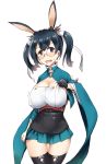  alternate_costume animal_ears azur_lane bespectacled black_hair black_legwear blue_eyes breasts bunny_ears cosplay embarrassed extra_ears glasses gloves hair_ornament highres huge_breasts impossible_clothes japanese_clothes kantai_collection large_breasts long_hair looking_at_viewer minase_(takaoka_nanase) namesake open_mouth pleated_skirt ribbon simple_background skirt solo souryuu_(azur_lane) souryuu_(azur_lane)_(cosplay) souryuu_(kantai_collection) thighhighs thighs twintails white_background white_ribbon wide_sleeves 
