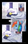  2016 avian beak bird blue_feathers clothed clothing comic dialogue duo english_text equine feathered_wings feathers female friendship_is_magic gilda_(mlp) hair half-closed_eyes hi_res inside leyanor mammal multicolored_hair my_little_pony pegasus pillow purple_feathers rainbow_dash_(mlp) rainbow_hair text white_feathers wings 