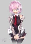  absurdres alternate_legwear breasts cekonikova eyebrows_visible_through_hair fang fate/grand_order fate_(series) glasses grey_background highres hood hoodie looking_at_viewer mash_kyrielight necktie one_eye_closed open_mouth pink_hair purple_eyes red_neckwear solo thighhighs 