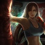  armpits breasts brown_eyes brown_hair clenched_hands commentary crop_top english_commentary final_fantasy final_fantasy_vii fingerless_gloves gloves large_breasts long_hair midriff parted_lips punching punching_bag red_gloves shirt sports_bra stephanie_sybydlo tank_top taut_clothes taut_shirt tifa_lockhart 
