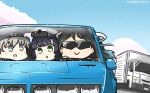  :d black_hair black_hat blonde_hair blue_eyes car chibi clothes_writing commentary_request dated driving green_eyes ground_vehicle hamu_koutarou hat highres kantai_collection katsuragi_(kantai_collection) katsuragi_misato long_hair matsuwa_(kantai_collection) motor_vehicle multiple_girls open_mouth renault_alpine_a310 sailor_hat short_hair smile sunglasses truck white_hat z1_leberecht_maass_(kantai_collection) 