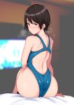  alp arm_at_side ass back bare_shoulders black_hair blue_swimsuit blurry blush body_blush breath brown_eyes commentary competition_swimsuit depth_of_field eyebrows_visible_through_hair from_behind highleg highleg_swimsuit highres impossible_clothes impossible_swimsuit indoors looking_at_viewer looking_back one-piece_swimsuit original parted_lips short_hair sitting solo sweat swimsuit 
