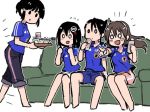  4girls alcohol ashigara_(kantai_collection) beer cheering commentary couch haguro_(kantai_collection) japan kantai_collection long_hair multiple_girls myoukou_(kantai_collection) nachi_(kantai_collection) open_mouth side_ponytail snack soccer soccer_uniform sportswear terrajin world_cup 