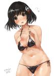  bikini black_bikini black_hair breasts brown_eyes cowboy_shot flying_sweatdrops front-tie_top haguro_(kantai_collection) hair_ornament highres kantai_collection looking_at_viewer open_mouth short_hair side-tie_bikini simple_background small_breasts solo swimsuit toka_(marchlizard) white_background 