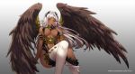 bracelet breasts commentary_request covered_nipples dark_skin gold_trim gradient gradient_background hair_ornament jewelry large_breasts long_hair looking_at_viewer navel official_art seikon_gensou simple_background sitting teeth_hold thighhighs very_long_hair vixi_c watermark web_address white_hair white_legwear wings yellow_eyes 