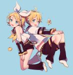  1girl :d artist_name azit_(down) banana bare_shoulders belt blonde_hair blue_background blue_eyes blush bow detached_sleeves floating food fruit hair_bow hair_ornament hairclip hands_on_own_knees hands_together headphones headset highres kagamine_len kagamine_rin knees_together_feet_apart leg_warmers looking_at_viewer mandarin_orange necktie open_mouth sailor_collar sailor_shirt shirt short_hair short_ponytail shorts siblings signature sleeveless sleeveless_shirt smile treble_clef twins vocaloid yellow_neckwear 